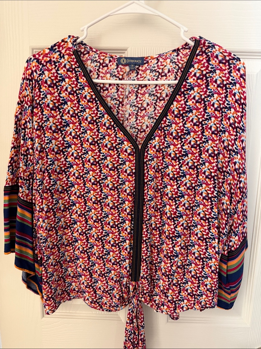Democracy Multicolor Tie-Front V-Neck Blouse with Striped Sleeve Trim